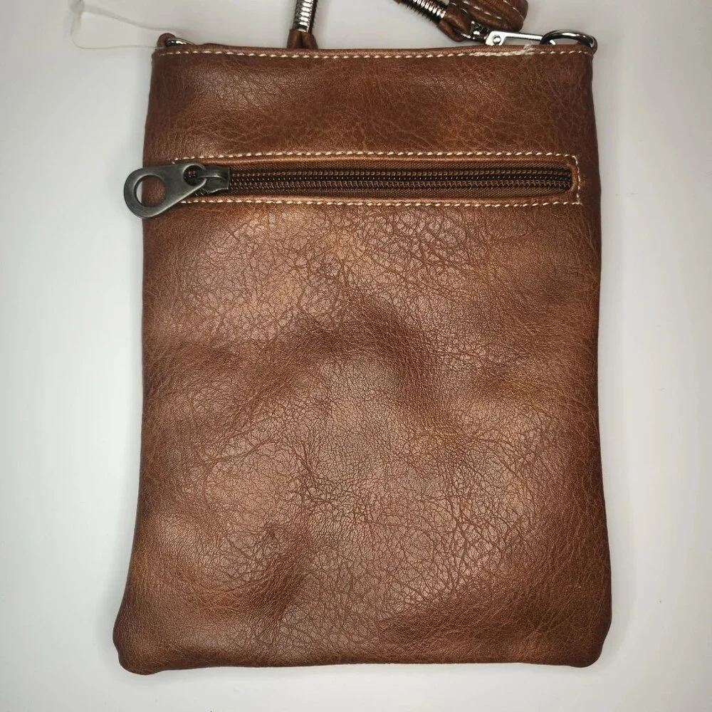 SouthWestern Crossbody Bag Purse Brown Faux Leather Silver Bead Detail Z350 - Picture 2 of 4